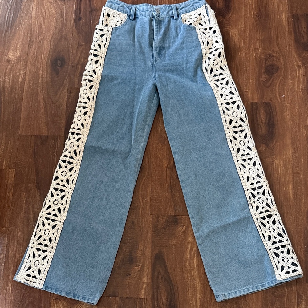 Denim Jeans with Ivory Crochet Side Panels - Women